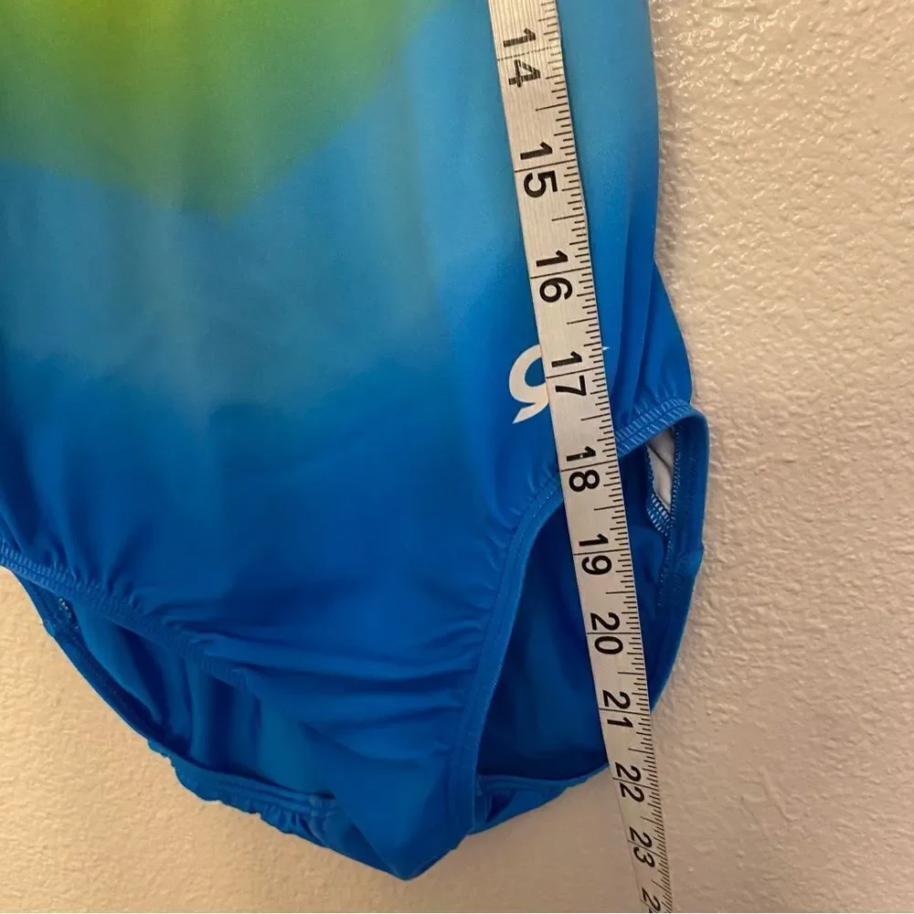 GK elite gymnastics practice leotard blue orange ombre rainbow adult AS